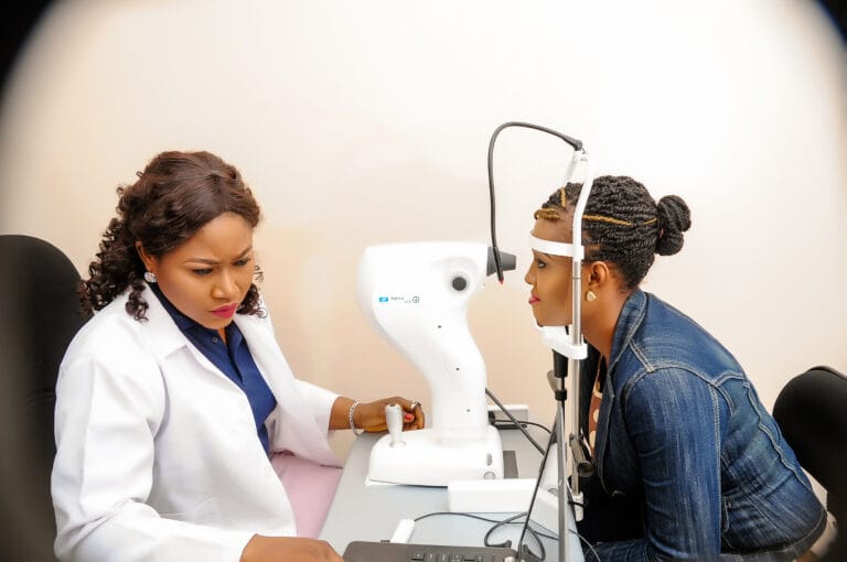A patient having an eye test at Soteria