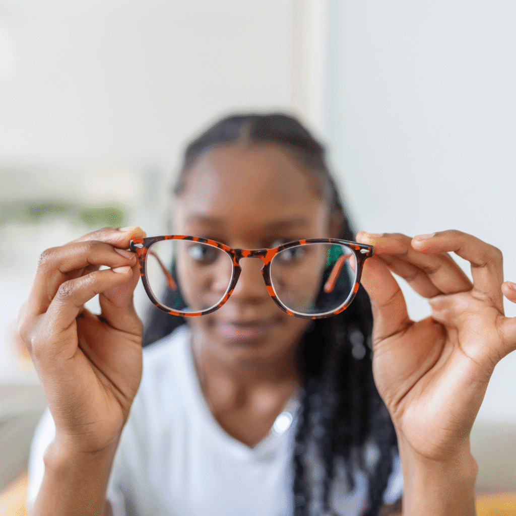 A lady examining her glasses